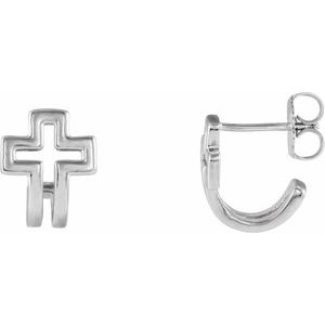 14K White Open Cross J-Hoop Earrings